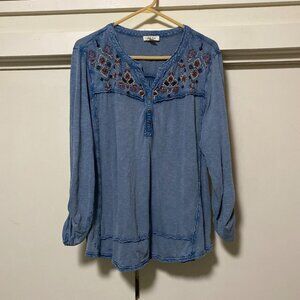 Style & Co. long sleeve, chambray color, Boho blouse w/embroidered yoke, size XL